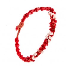 Šnúrkový náramok červenej farby - spletený do špirály, dvojfarebné korálky