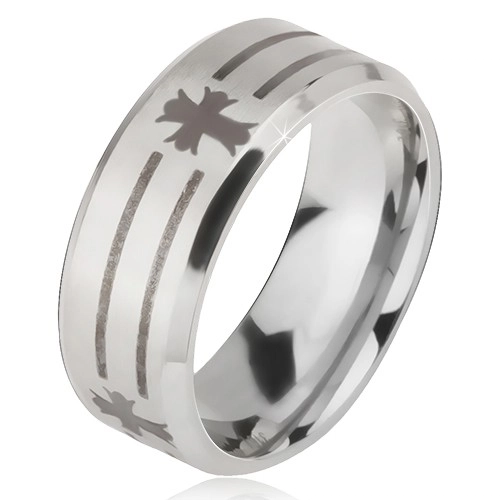 Matný oceľový prsteň - obrúčka striebornej farby, potlač pásov a kríža - Veľkosť: 62 mm