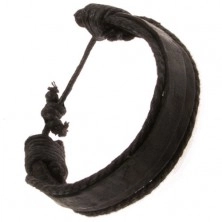 Čierny kožený náramok - tenký a hrubý pruh kože, dve čierne šnúrky