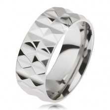 Ligotavý oceľový prsteň striebornej farby s diamantovým rezom, dva rady