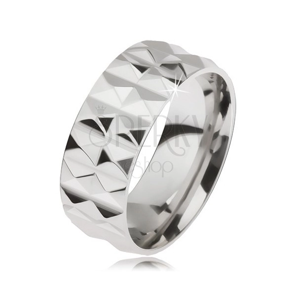 Ligotavý oceľový prsteň striebornej farby s diamantovým rezom, dva rady