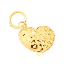 Zlatý prívesok 585 - pravidelné 3D srdce zdobené diamantovým rezom