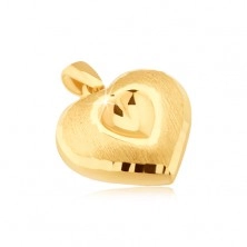 Zlatý prívesok 585 - symetrické 3D srdce, vyhĺbené srdiečko, saténový povrch