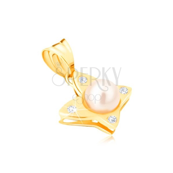 Zlatý prívesok 585 - lesklý motýľ s okrúhlymi čírymi zirkónmi, perla