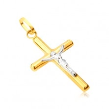 Prívesok zo 14K zlata - lesklý latinský kríž, ukrižovaný Kristus v bielom zlate