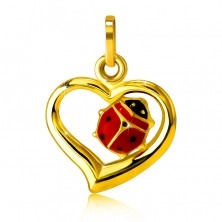 Zlatý prívesok 585 - obrys nepravidelného srdca, glazúrovaná lienka