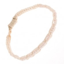 Tenký béžový náramok zo šnúrok, drobné perleťovoružové korálky