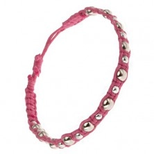Ružový pletený náramok zo šnúrok, veľké a malé kovové korálky