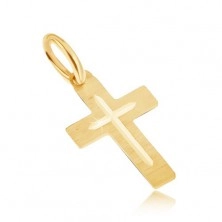 Prívesok v žltom 14K zlate - plochý saténový latinský kríž, gravírovaý