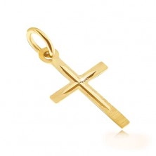 Zlatý prívesok 585 - saténový latinský kríž, leský vyrytý menší krížik