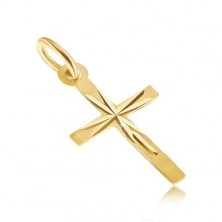 Prívesok v žltom 14K zlate - tenký latinský kríž, saténový povrch, lúče
