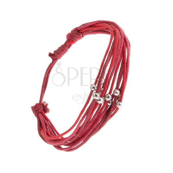 Multináramok, červené a tmavoružové šnúrky, korálky striebornej farby