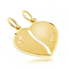 Zlatý dvojprívesok 585 - saténové srdce, nápis LOVE, podlhovastý výrez