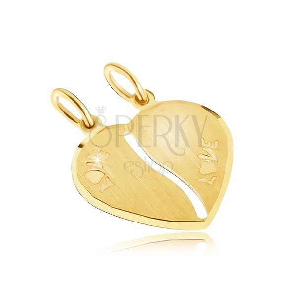 Zlatý dvojprívesok 585 - saténové srdce, nápis LOVE, podlhovastý výrez