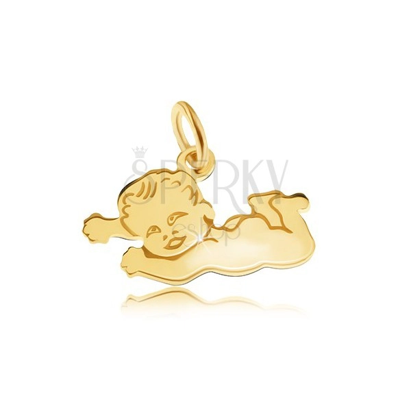 Plochý prívesok v žltom 14K zlate, lesklé nahé dieťatko ležiace na brušku
