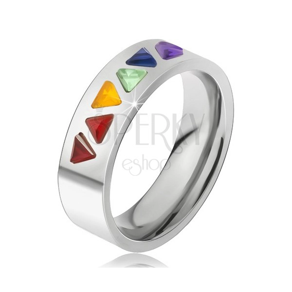 Lesklý prsteň z ocele, farebné trojuholníkové kamienky