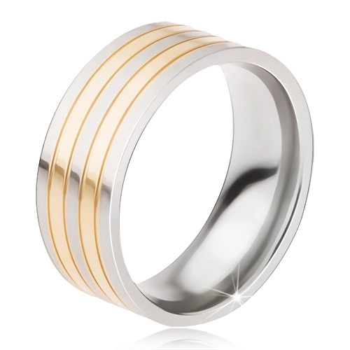Titánový prsteň - lesklá obrúčka strieborno-zlatej farby, striedajúce sa pásy - Veľkosť: 65 mm