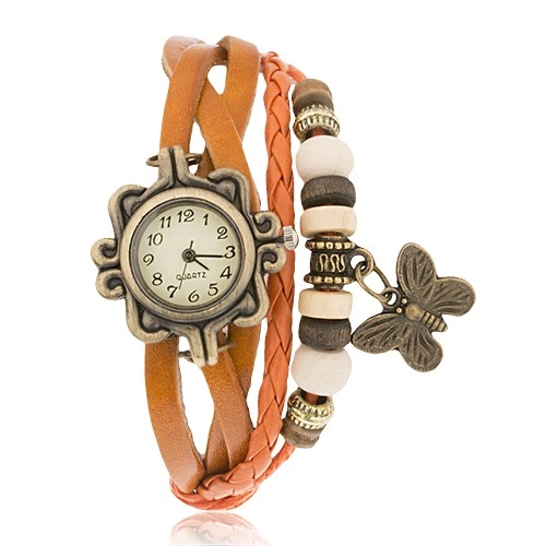 E-shop Šperky Eshop - Analógové hodinky, ozdobne vyrezávané, pletený remienok, korálky Q23.07