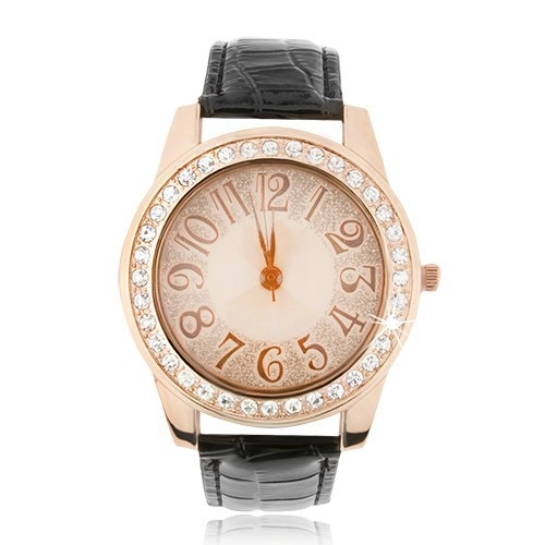 E-shop Šperky Eshop - Oceľové hodinky zlato-ružovej farby - trblietky na ciferníku, číre zirkóniky Q23.08