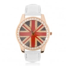 Náramkové hodinky z ocele - zlatoružové, britská vlajka, biely remienok