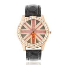 Náramkové hodinky z ocele - zlatoružové, britská vlajka, čierny remienok