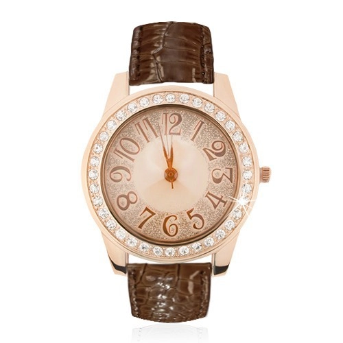 E-shop Šperky Eshop - Oceľové hodinky zlato-ružovej farby - trblietky na ciferníku, hnedý remienok Q24.13