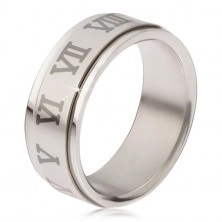 Lesklý prsteň z ocele - matná točiaca sa obruč, sivé rímske číslice
