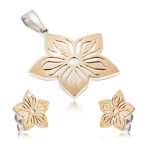 E-shop Šperky Eshop - Dvojfarebná oceľová sada - náušnice a prívesok, vyrezávaný pieskovaný kvet S24.26