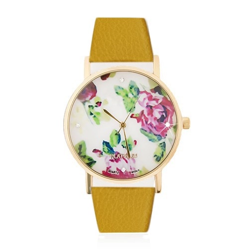 E-shop Šperky Eshop - Analógové hodinky - ciferník s kvetmi ruží a zirkónmi, žltý náramok S24.30