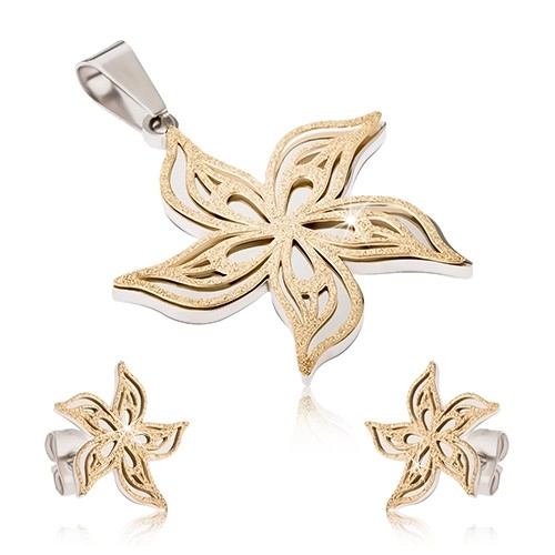 E-shop Šperky Eshop - Oceľový set - dvojfarebný prívesok a náušnice, pieskovaný zvlnený kvet S25.06