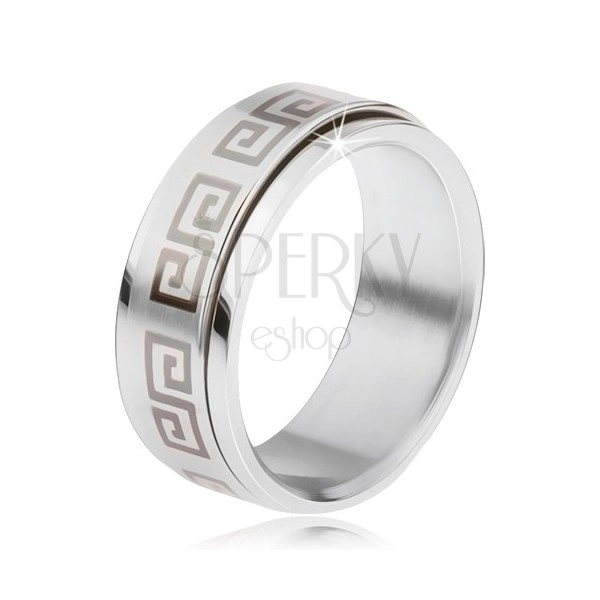 Oceľový prsteň, točiaca sa matná obruč, grécky kľúč sivej farby