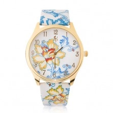 Náramkové hodinky zlatej farby, modro-žltý motív kvetov