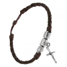 Čokoládovohnedý pletený náramok, ozdobné valčeky, kríž