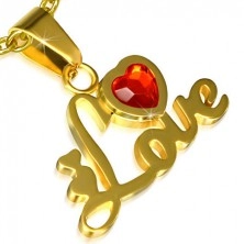 Oceľový prívesok zlatej farby, nápis Love, srdce, červený kamienok