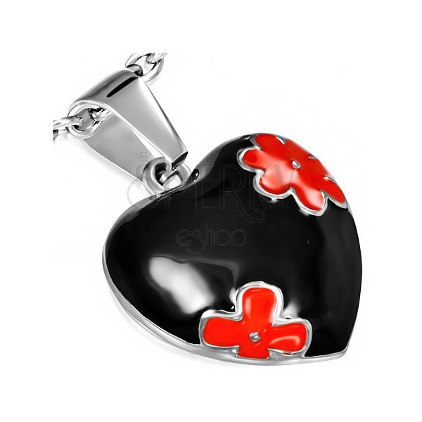 Glazúrovaný prívesok z ocele - čierne srdce s červenými kvetmi
