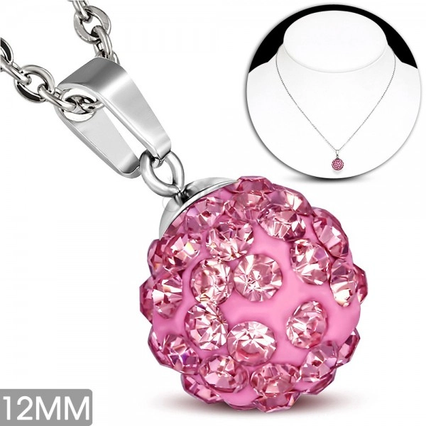 Oceľový náhrdelník - ružová Shamballa gulička s ružovými zirkónmi