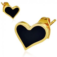 Puzetové náušnice z ocele - lesklé asymetrické čierne srdce, okraj zlatej farby