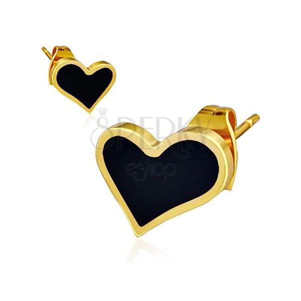 Puzetové náušnice z ocele - lesklé asymetrické čierne srdce, okraj zlatej farby