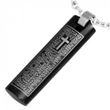 Oceľový prívesok čiernej farby, valček s krížom a modlitbou