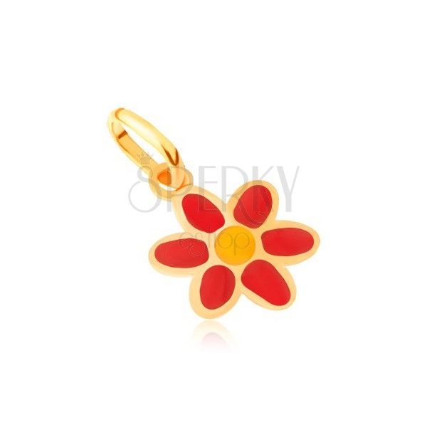 Zlatý prívesok 375 - lesklý plochý červeno-žltý glazúrovaný kvet