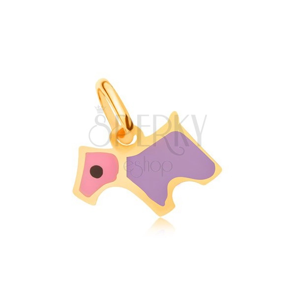 Zlatý prívesok 375 - ligotavý plochý ružovo-fialový glazúrovaný psík
