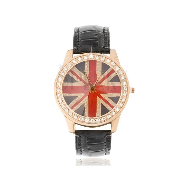 Náramkové hodinky z ocele - britská vlajka, číre zirkóny, čierny remienok