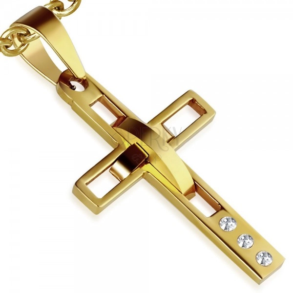 Oceľový prívesok zlatej farby - latinský kríž s výrezmi, tri číre kamienky