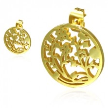 Náušnice z ocele zlatej farby, vyrezávaný kruh, kvety viniča