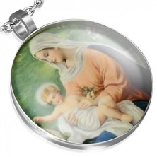 Okrúhly prívesok z ocele, Panna Mária a Ježiško, zelené pozadie