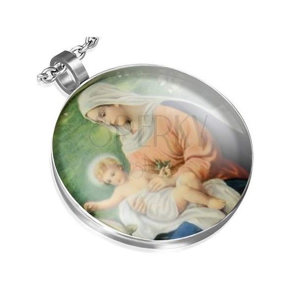 Okrúhly prívesok z ocele, Panna Mária a Ježiško, zelené pozadie