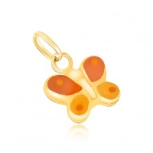 Zlatý prívesok 375 - trojrozmerný oranžovo-žltý motýlik, lesklá glazúra