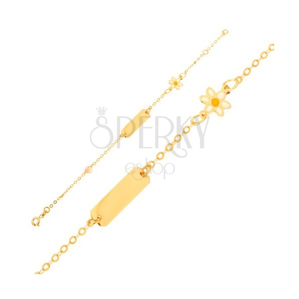 Zlatý náramok 375 - retiazka, podlhovastá platnička, margarétka, žltá korálka