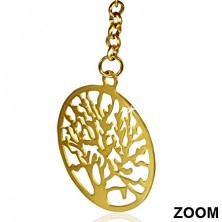 Oceľové náušnice zlatej farby, vyrezávaný kruh so stromom, retiazka