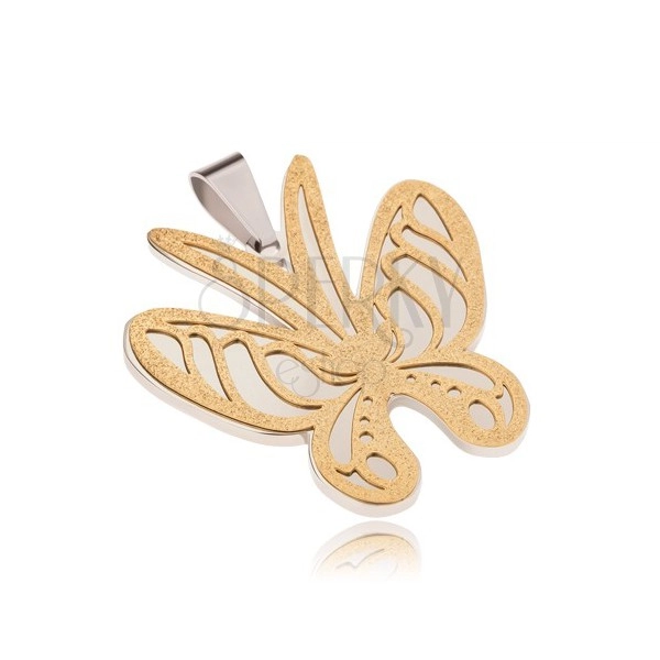 Prívesok zlato-striebornej farby z ocele, motýľ s pieskovaným povrchom